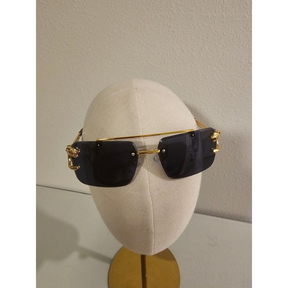Panther Detail Rimless Square Sunglasses Gold Metal Frame Black Lens